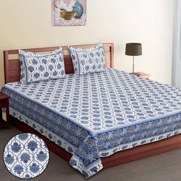 Blue_Cotton_Lotus_Harmony_Double_Bedsheet_With_Pillow_Cover_120X120_Cm